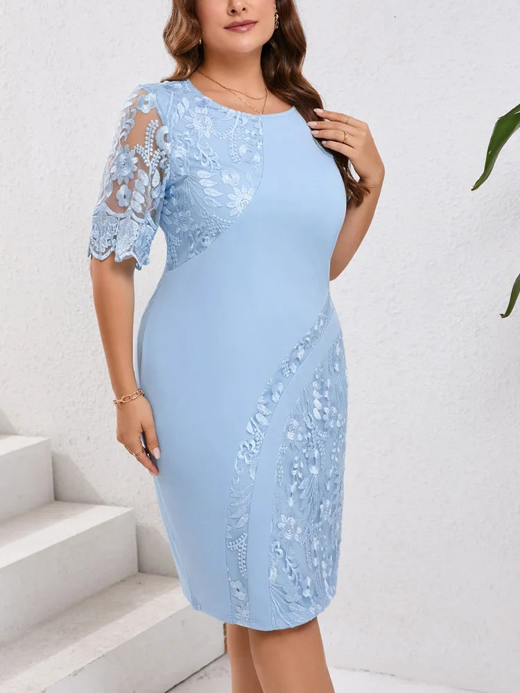 GIBSIE Plus Size Embroidered Lace Half Sleeve O-Neck Dress Women's Summer Autumn Cocktail Party Elegant Bodycon Midi Dresses