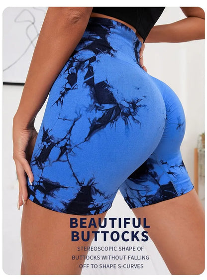 Seamless Tie Dye Style High Waist Quick Dried Fitness Triple Pants Honey Peach Hip Lift Yoga Sports Tight Shorts