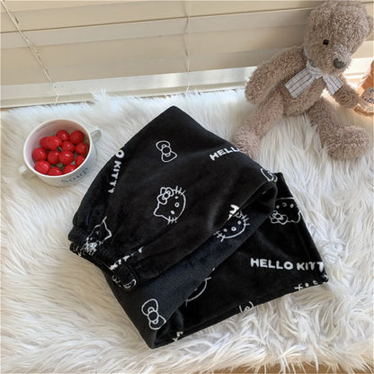 Kawaii Hello Kitty Pajamas Black Anime Flannel Women Warm Woolen Whitecartoon Casual Home Pants Autumn Fashion Trousers Gifts