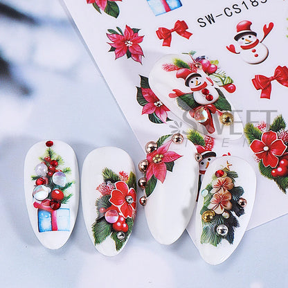 3D Christmas Nail Art Stickers Cute Cartoon Snowman Decals Reindeer Snowflake Lamp Ball Sliders Holiday DIY Manicure Decorations