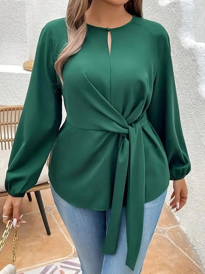 GIBSIE Plus Size Solid Tie Front Keyhole O-Neck Blouses Women Spring Fall Long Sleeve Office Ladies Casual Shirt Top 2024 New