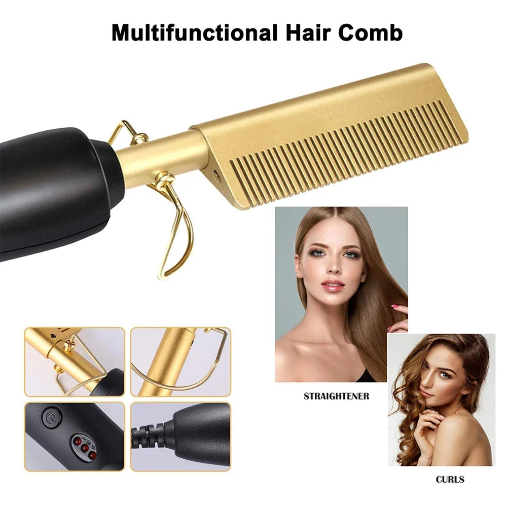 Hot Comb Hair Straightener Heat Pressing Combs Portable Ceramic Curling Iron for Hair Beard Wigs Wet and Dry Hair Styling Tools