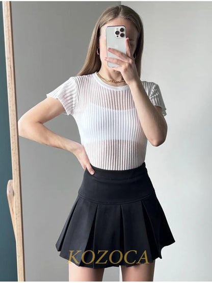 Kozoca 100% Wool Chic White Elegant Striped See Through Women Tops Outfits Short Sleeve T-Shirts Tees Skinny Club Party Clothes