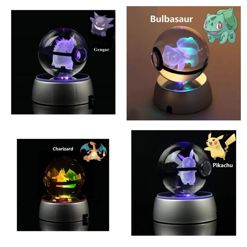 Pokemon 3D Crystal Ball Pikachu Figure Pokeball Engraving Crystal Charizard Model with Led Light Base Toys Anime Christmas Gift