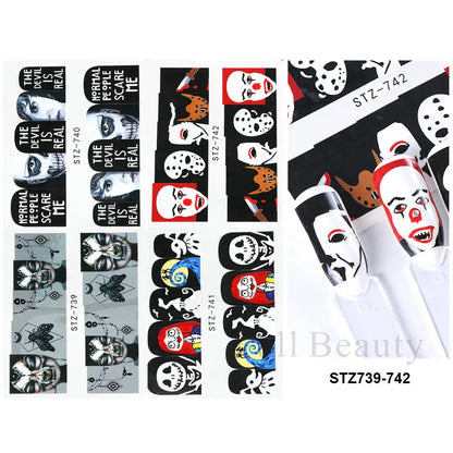 4pcs Clown Skull Bone Nail Stickers Cute Anime Sliders Halloween Water Decals Nail Art Decorations Manicure Wraps LASTZ735-738