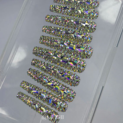 Luxury AB Full Diamond Press on Nails Art French XXL Long Coffin Sparkle Rhinestone Birthday Party Gift Customizable Nails Art