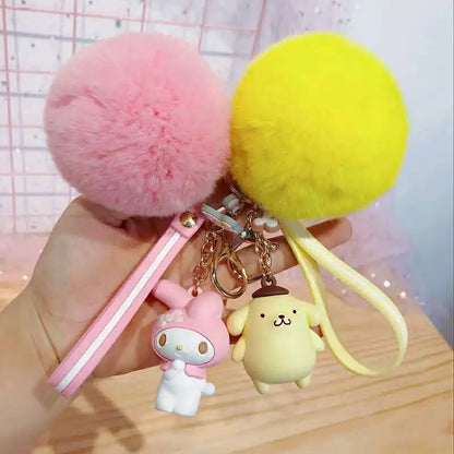 Hello Kitty Sanrio Kuromi Penguin Frog Dog Cat Cute Keychains with Fluffy Rabbit Fur Ball Women Girl Bag Pendant Keyring Gifts