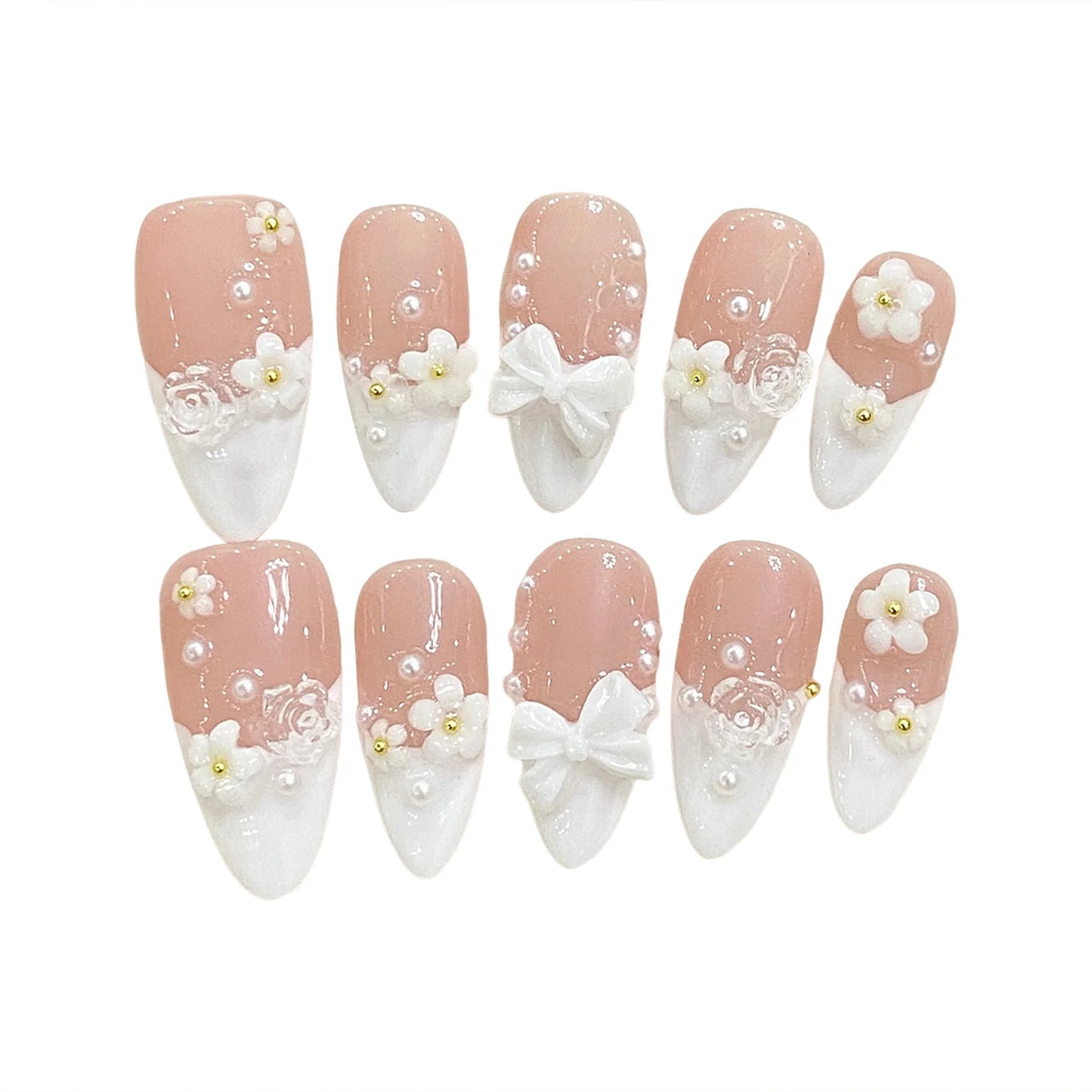 Almond False Nails French Style Handmade White 3D Bowknot Flower Pearl Press On Nail Full Cover Artificial Manicure Nail Tip Art