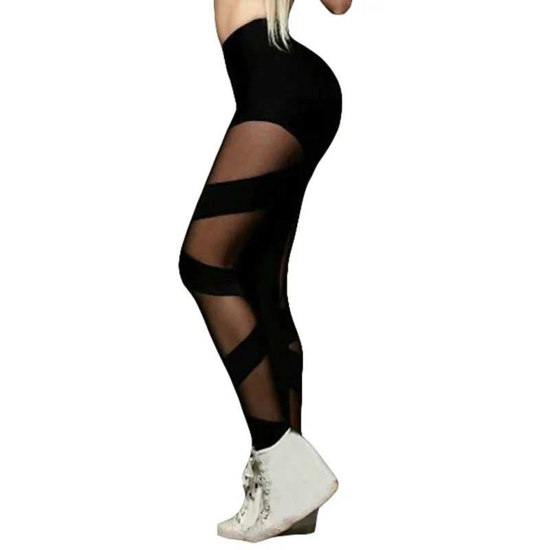 High Waist Women Leggings Mesh Stitching Cross Sports Pants Sexy See-Through Mesh Yoga Pants High Elastic dance Nightclub pants