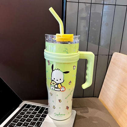 1200ml Sanrio Thermos Bottle Cute Hello Kitty Kuromi Cinnamoroll Melody Cartoon Large Capacity Straw Stainless Steel Bottle Gift