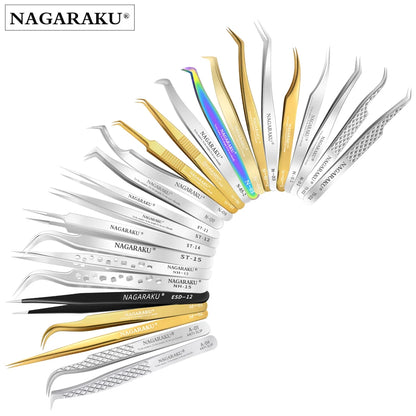 NAGARAKU Stainless Steel Straight Curved Nail Volume Eyelash Accurate Tweezers Nippers Pointed Clip Set Makeup Tools