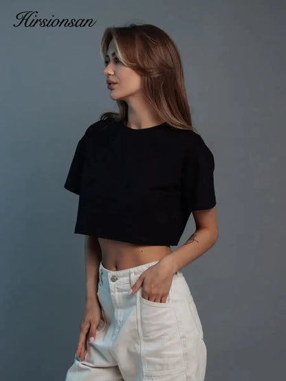 Hirsionsan 100% Cotton Short T Shirt Women 2024 New Y2k Summer Basic Vintage Tees Casual Loose Chic O Neck Female Crop Tops