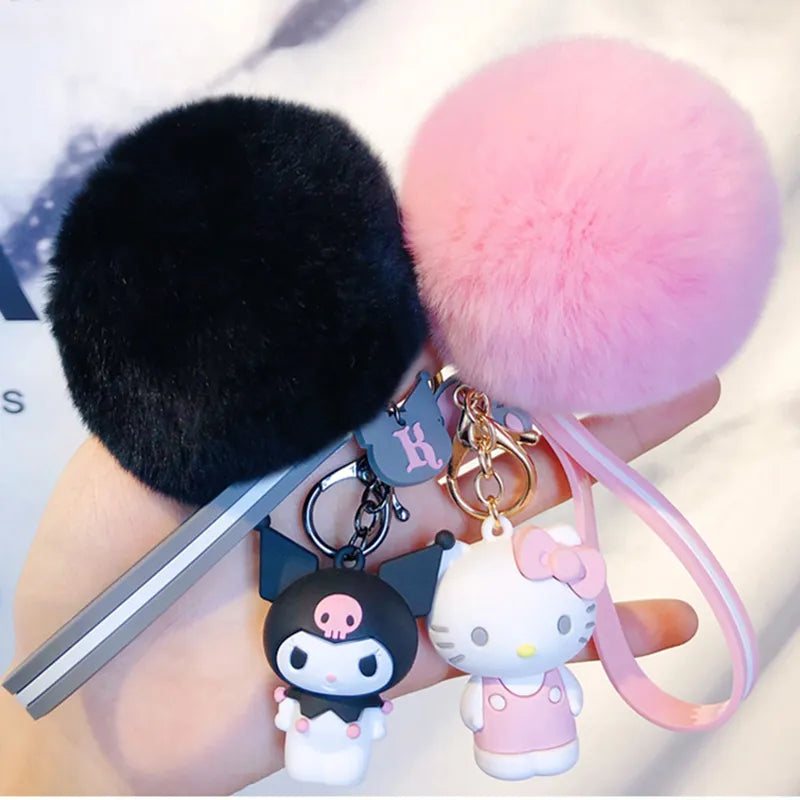 Hello Kitty Sanrio Kuromi Penguin Frog Dog Cat Cute Keychains with Fluffy Rabbit Fur Ball Women Girl Bag Pendant Keyring Gifts