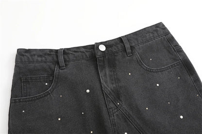 GIBSIE Plus Size Black rivet diamond denim skirt Women's summer high waist korean retro a-line bodycon raw hem mini skirts