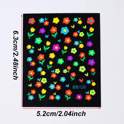 24Sheets Neon Daisy Flowers Nail Art Stickers 3D Fluorescent Floral Design Nail Charms Foils Butterfly Heart Bow DIY Decal Decor