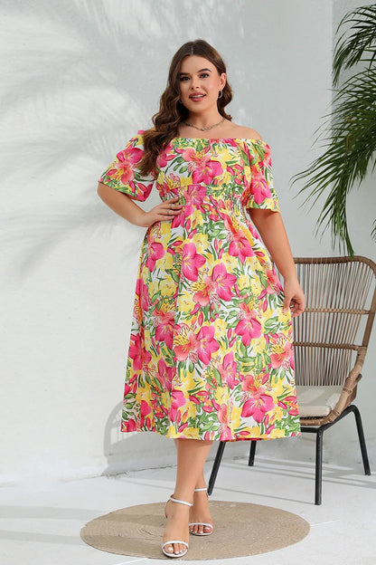 GIBSIE Plus Size Off Shoulder Floral Print Boho Dress Women Summer Short Sleeve Beach Casual A-line Holiday Long Dresses 2024