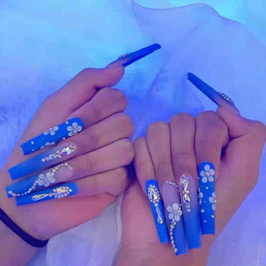 24Ps Super Long Ballet Wearable Fake Nails Blue Diamond Small Flower Press on Nail Stickers Finished Removable False Nail Pieces