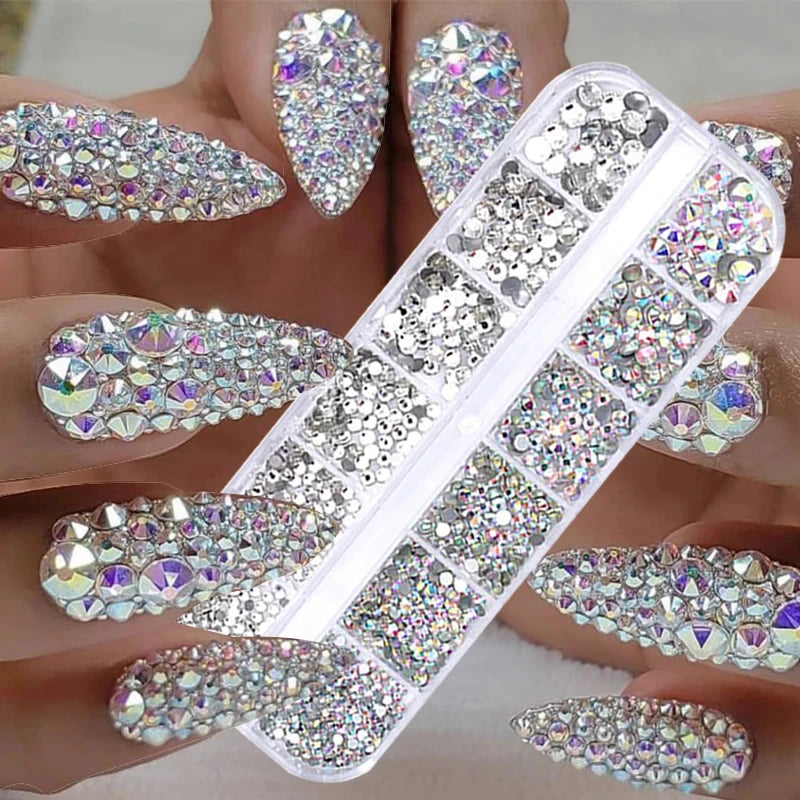 Nail Art Rhinestone 6/12Grids Box Nail Beads AB Crystal Flatback Pearl Jewelry Gems with Storage Organizer for Nail Decorations