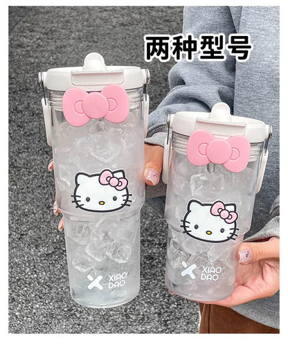 600-900ML Sanrio Large Capacity Plastic Water Cup Hello Kitty Portable Beverage Bottle Outdoor Fitness Sports Straw Cup