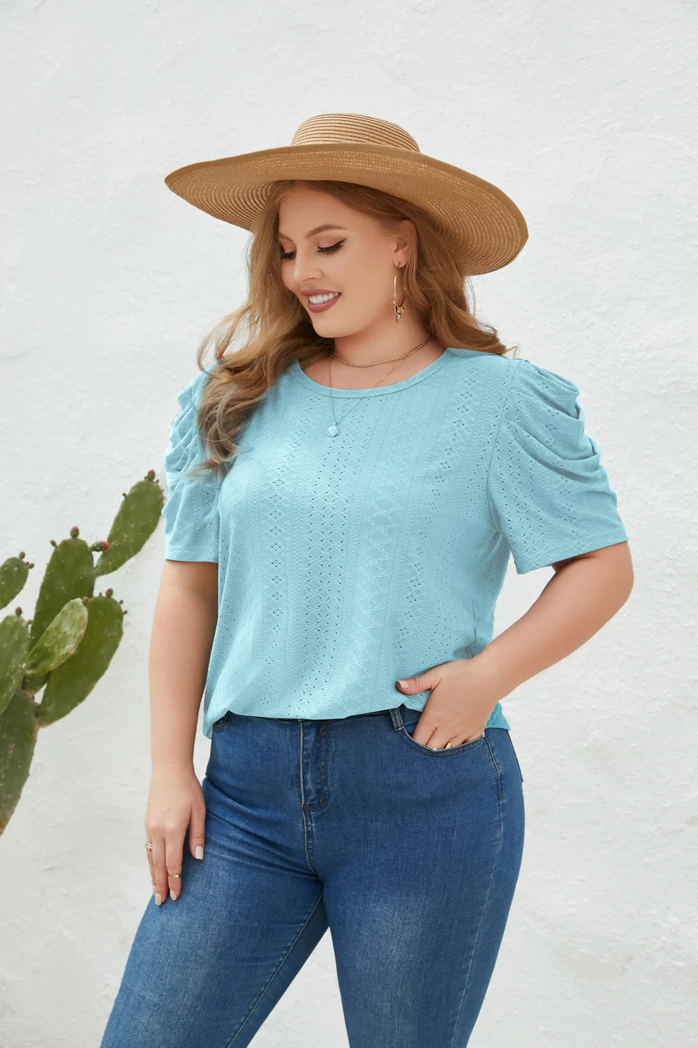 GIBSIE Plus Size Solid O-Neck Leg of Mutton Sleeve Blouse Women Fashion 2023 New Summer Office Casual Women's Blouses Tops