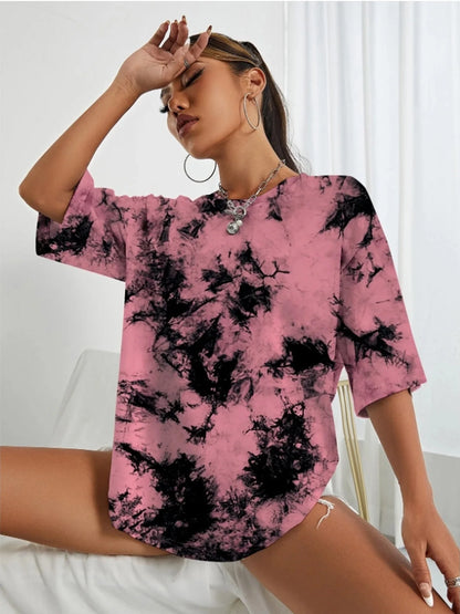 2024 summer new women's tie-dye print casual fashion trend women's short sleeve