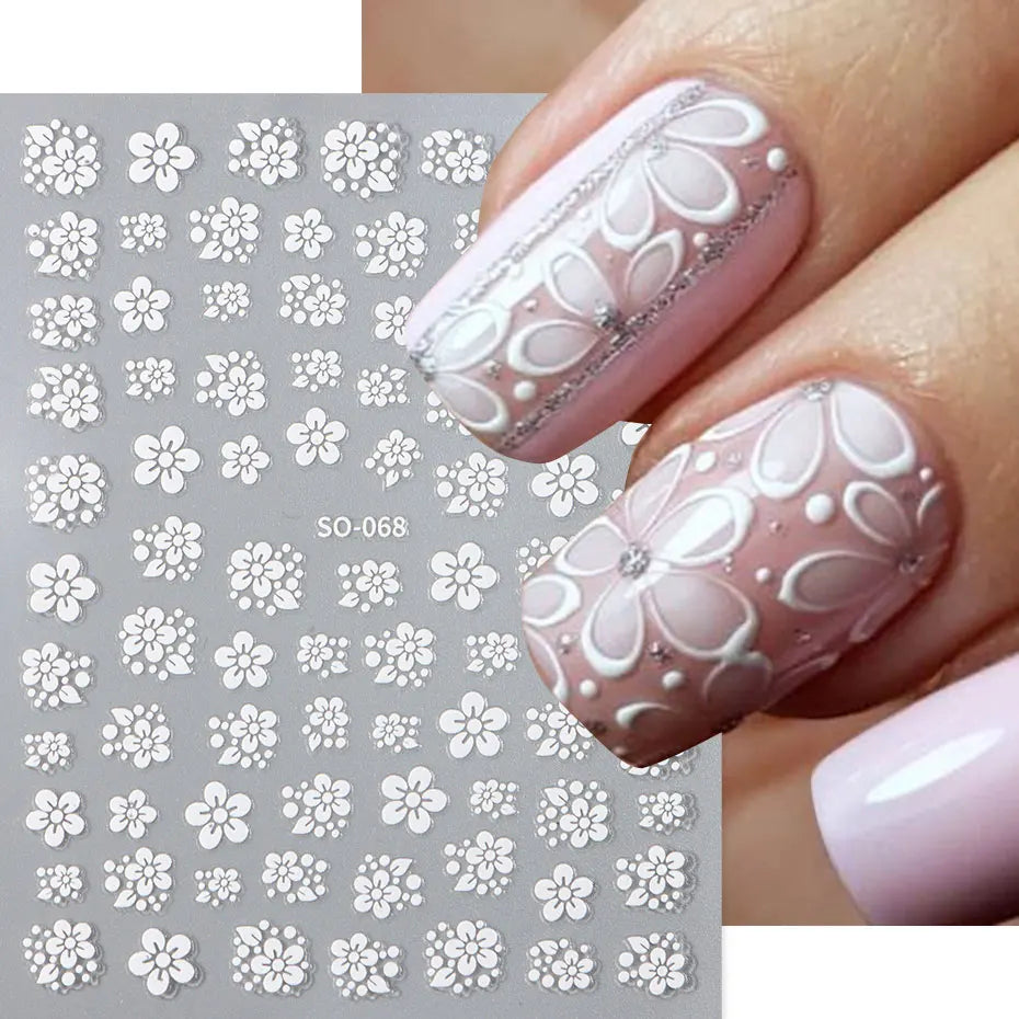 8/30Pcs Kawaii White Flower Nail Sticker Set Cute Japanese Style Floral Decals Sakura Petals DIY Nail Charms Foils Wedding Decor