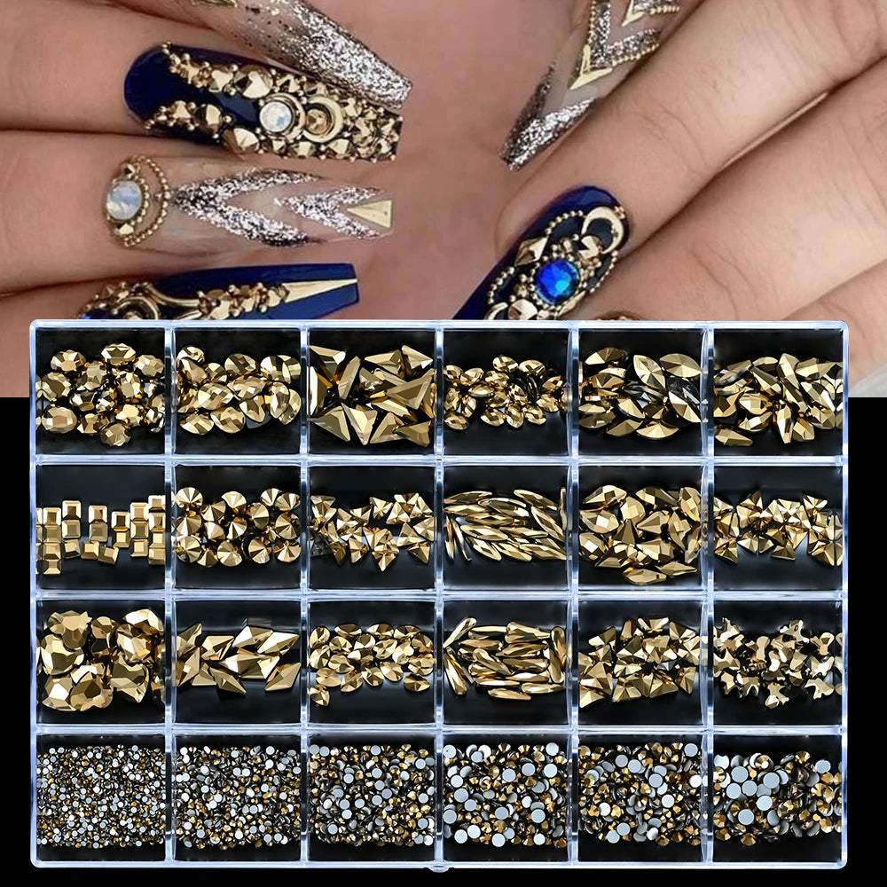 2200-2500Pcs Luxury Shiny Pink Diamond Nail Art Rhinetone 18Grids Mixed-Shape Crystal+ss4-ss16 Mini Round Diamond Box Nail Glass