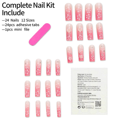 24Pcs/Lot Wearable False Nails With Rhinestone Charms Long Ballerina Pink Press On Nails French Coffin Full Cover Fake Nail Tips