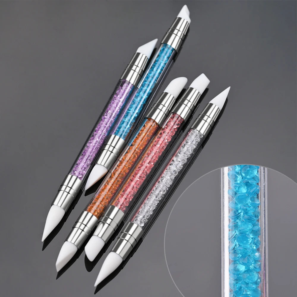 5Pcs/Set Sculpture Dotting Pen Nail Art Silicone Brush Colorful Crystal Dual-head Carving Flower Painting Pen DIY Manicure Tools