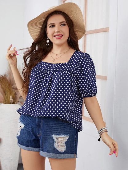 GIBSIE Plus Size Polka Dot Square Neck Puff Sleeve Top Blouse Women Boho 2024 Summer Korean Fashion Loose Blouses 3XL 4XL