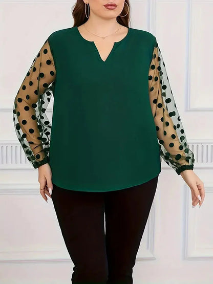 GIBSIE Plus Size Notch Neck Dot Mesh Long Sleeve Blouse Women Spring Summer Black Elegant Office Ladies Casual Tops Blouses