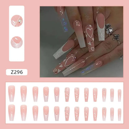 24pcs Artifical Bails With Glue Fake Nail Tips With Design Detachable Press On Nails Long Fake Nail Finished Nail Piece Sticker