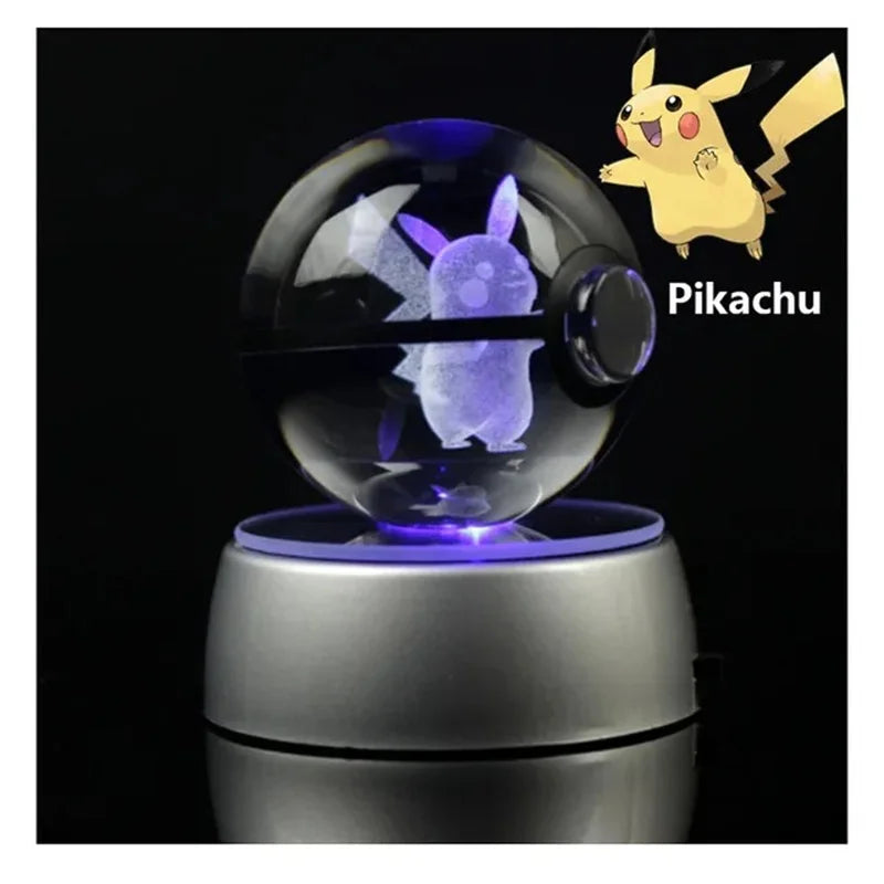 Pokemon 3D Crystal Ball Pikachu Figure Pokeball Engraving Crystal Charizard Model with Led Light Base Toys Anime Christmas Gift