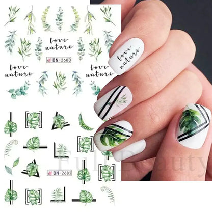 12pcs Green Palms Leaf Water Transfer Nail Sticker Summer Tropical Plants Decals Watermark Slider for Nail Art Decoration Tips