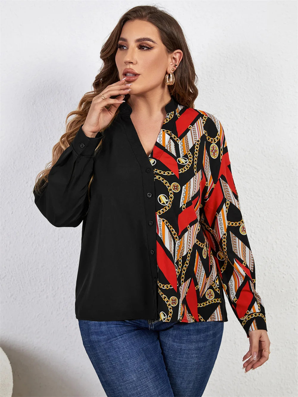 GIBSIE Plus Size Notched Neck Chain Print Colorblock Women Shirts 2023 Spring Fall Fashion High Street Long Sleeve Tops Blouses