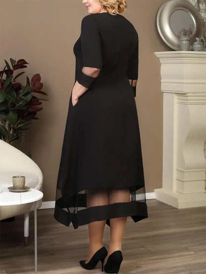 GIBSIE Plus Size Black Contrast Mesh Splicing Long Dress Women Summer O-Neck 3/4 Sleeve Elastic Knitted Elegant A-Line Dresses