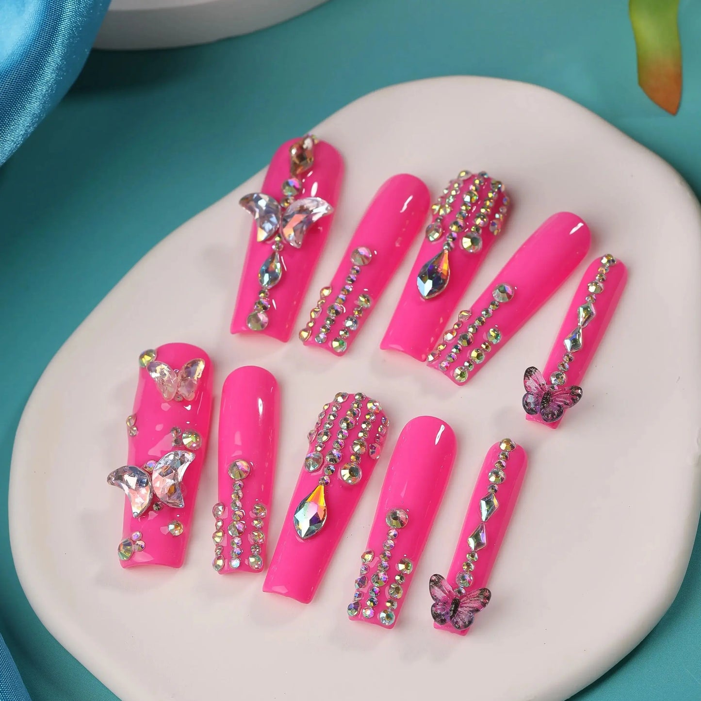 Bright Rose Red False Nails Super Long Coffin Press on Nails With Butterfly Rhinestone Fake Nails Party Drama Finger Nail