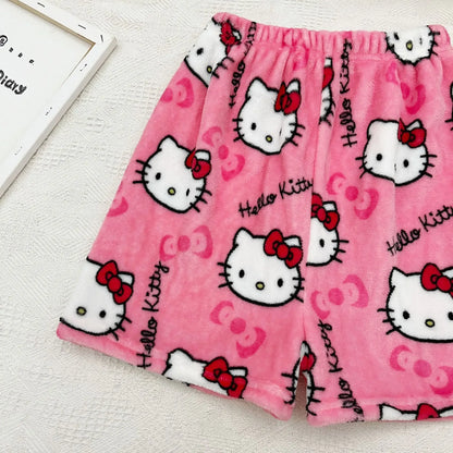 Sanrio Hello Kitty Y2k Kawaii Anime Flannel Pajamas Women'S Warm Woolen Cartoon Casual Home Pants Autumn Winter Fashion Trousers