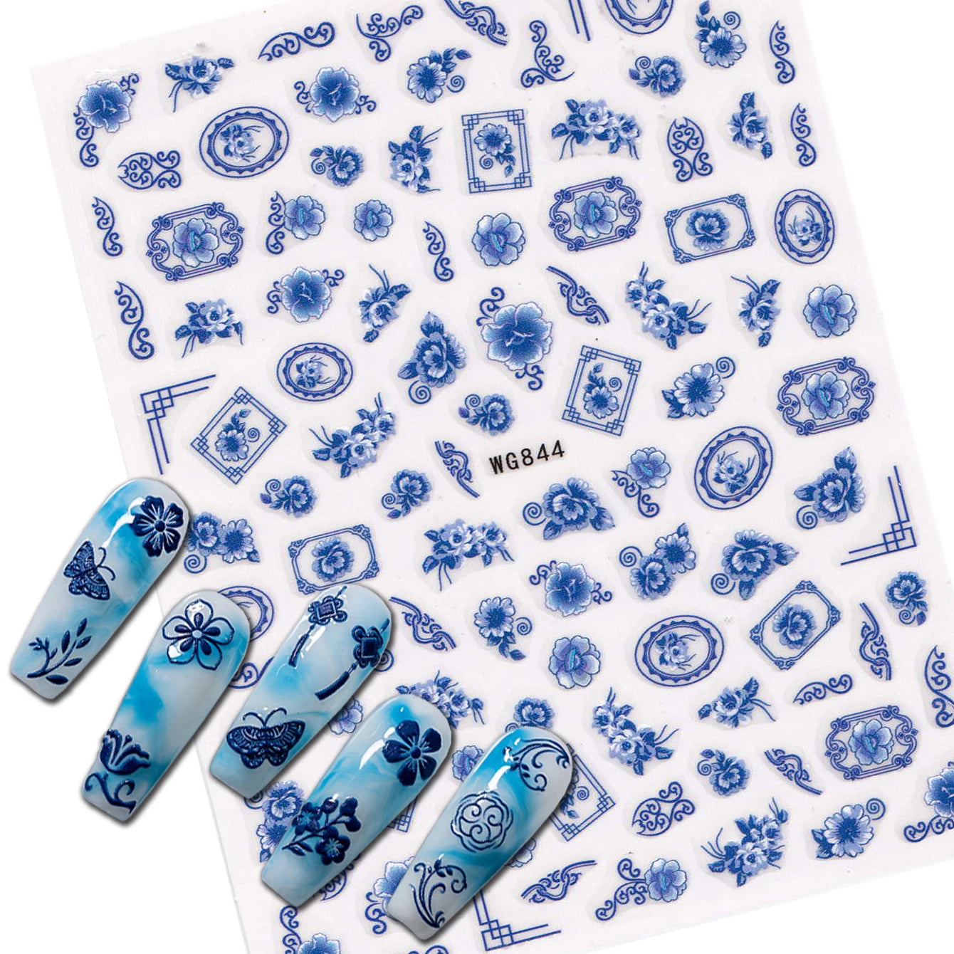 Retro Blue and White Porcelain Design 3D Nail Stickers, Self-Adhesive Slider Decals, Manicure Tips, DIY Accessories, 1Pc