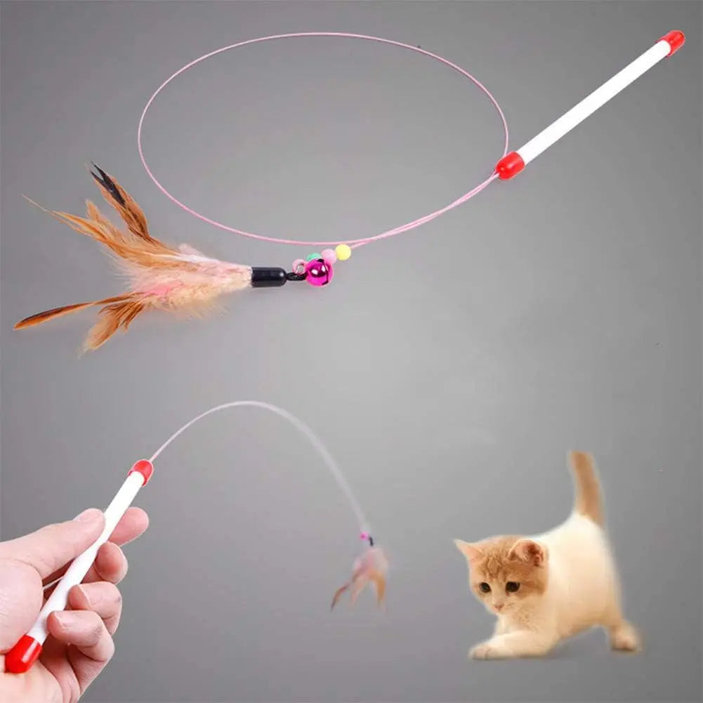 1pc Pet Teaser Cat Toy Steel Wire Feather Interactive Cat Stick Training,Kitten Wand Toys with Beads Bells