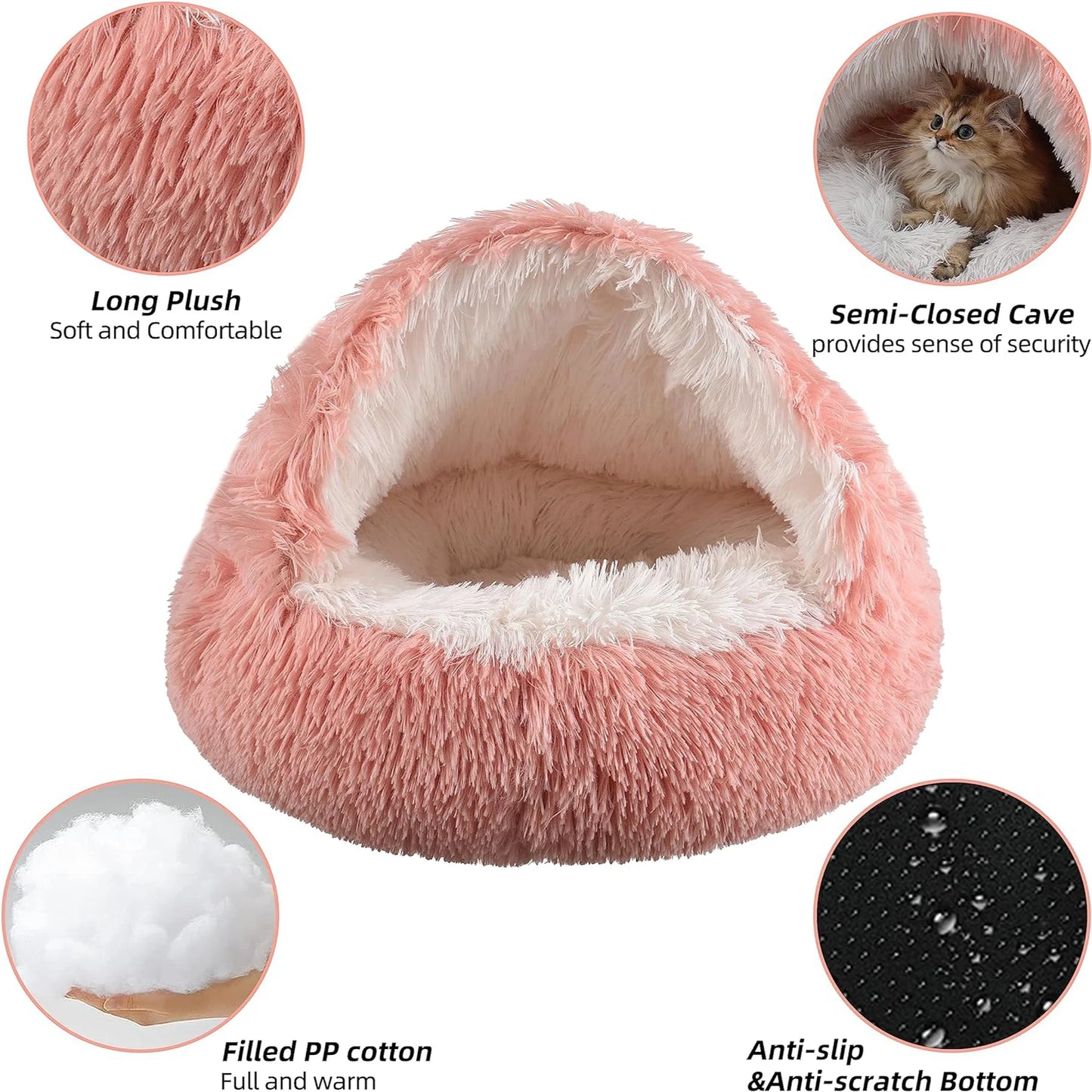 Cat Bed Round Fluffy Hooded Cat Bed Cave Cat Bed Donut for Indoor Cats,Calming Dog Cat Beds for Small Medium Dog Cat