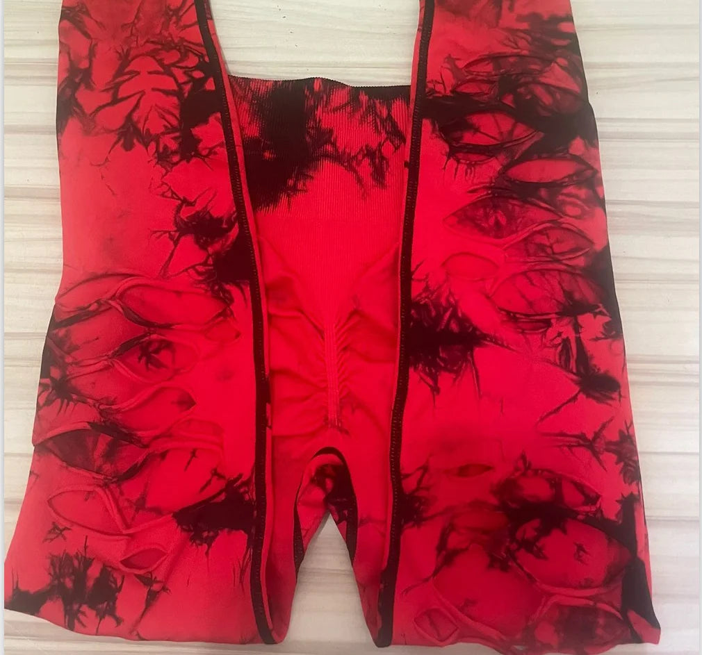 Women Tie Dye Hollow Out Leggings Sports Pants Fitness Sportswear Sexy High Waisted Push Up Gym Tights Red Running Leggings