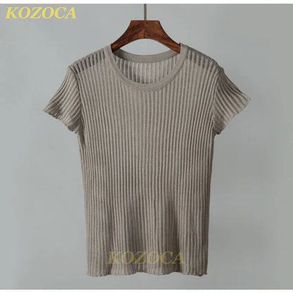 Kozoca 100% Wool Chic White Elegant Striped See Through Women Tops Outfits Short Sleeve T-Shirts Tees Skinny Club Party Clothes