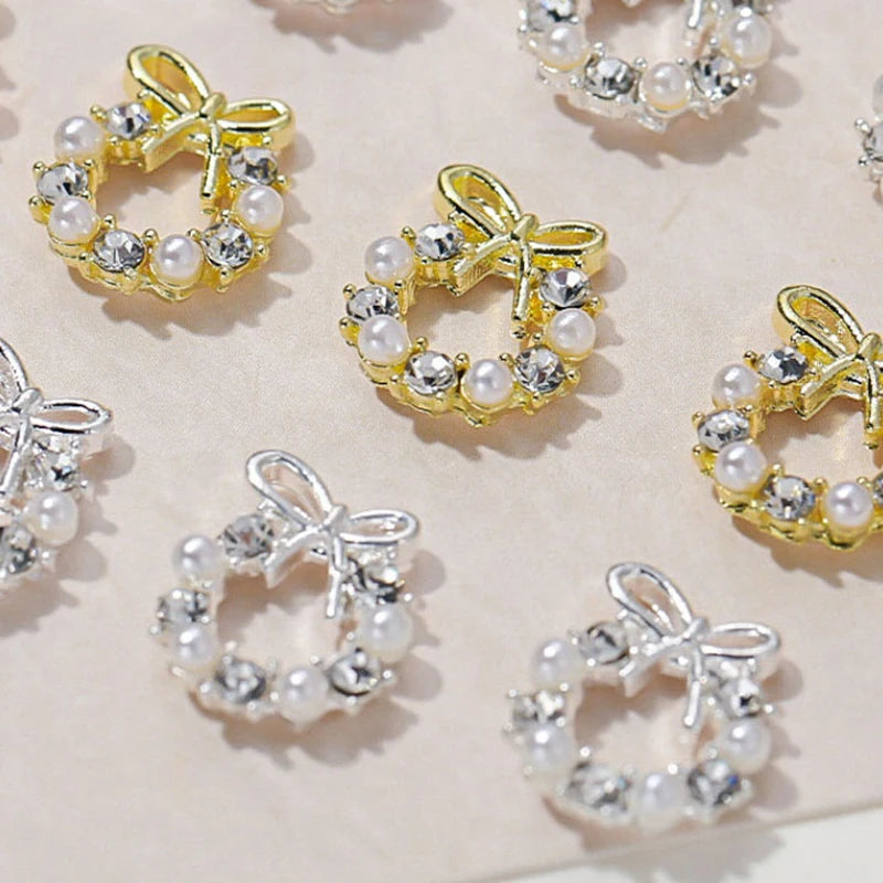 5Pcs Garland Bowknot Pearl Zircon Nail Art Charms Rhinestone Christmas Wreath Design Crystals Jewelry Nail Art Decoration