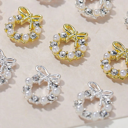 5Pcs Garland Bowknot Pearl Zircon Nail Art Charms Rhinestone Christmas Wreath Design Crystals Jewelry Nail Art Decoration