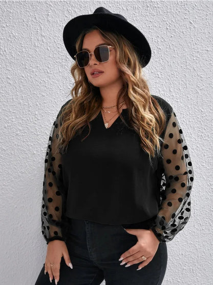 GIBSIE Plus Size Notch Neck Polka Dot Mesh Sleeve Blouse Women 2023 Winter New Black Elegant Office Ladies Tops and Blouses