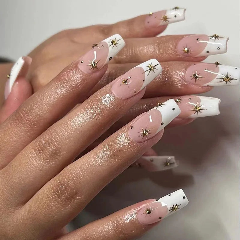 24pcs False Nails with glue butterfly design Long Coffin French Ballerina Fake Nails Full Cover acrylic Nail Tips Press On Nails