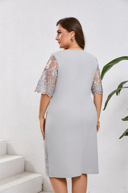 GIBSIE Plus Size Embroidered Lace Half Sleeve O-Neck Dress Women's Summer Autumn Cocktail Party Elegant Bodycon Midi Dresses