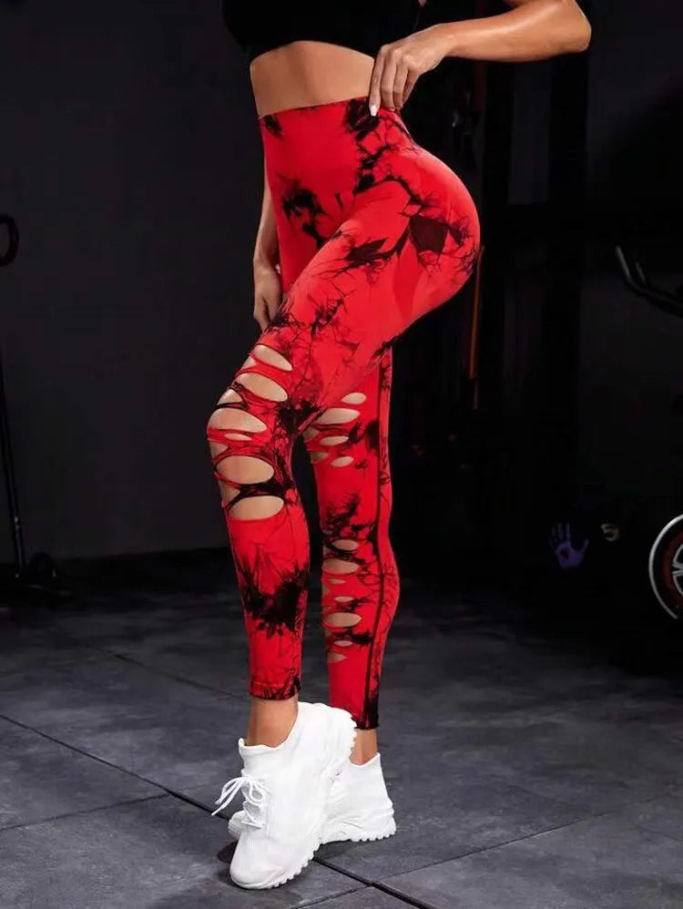 Women Tie Dye Hollow Out Leggings Sports Pants Fitness Sportswear Sexy High Waisted Push Up Gym Tights Red Running Leggings