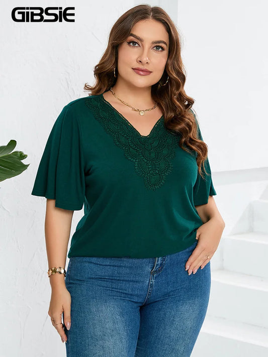 GIBSIE Plus Size V-Neck Contrast Lace Butterfly Sleeve Tops Blouses For Women Summer 2023 Fashion Vintage Loose Female Blouse